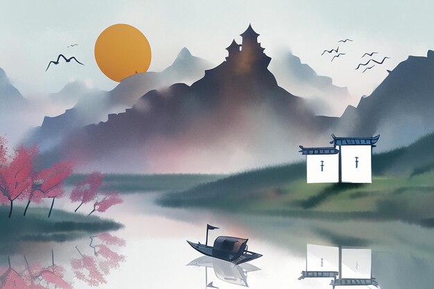 Foto chinesische aquarelltintenlandschaft seehaus pflaumenblütenvogelbaumpavillon sonne schöne landschaft