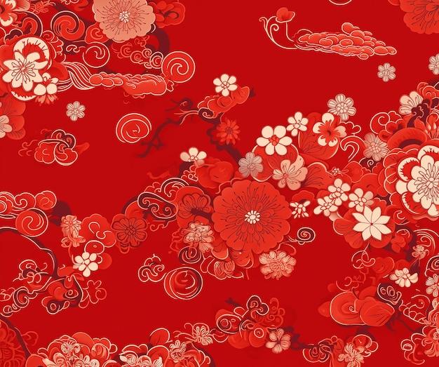 Chinesische Blumen frischer roter Farbton mit traditioneller Linienzeichnung auf rotem Hintergrund GenerativeAI