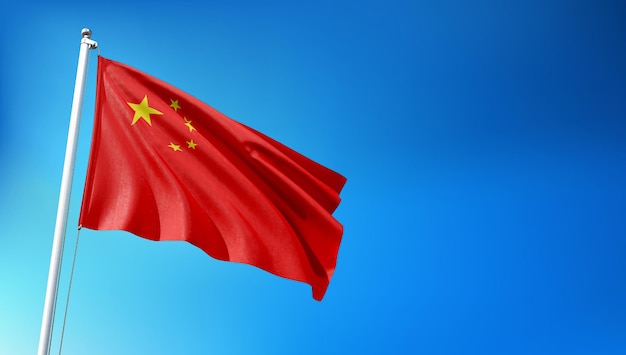 Chinesische Flagge fliegt auf blauem Himmelshintergrund 3D-Render