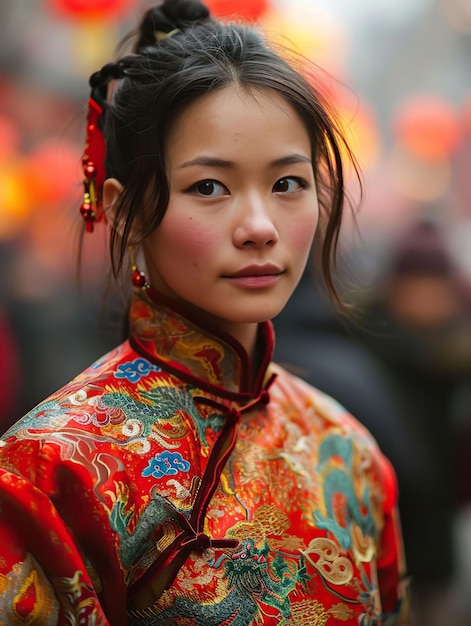 Foto chinesische frau im traditionellen kostüm während der chinesischen neujahrsfeier