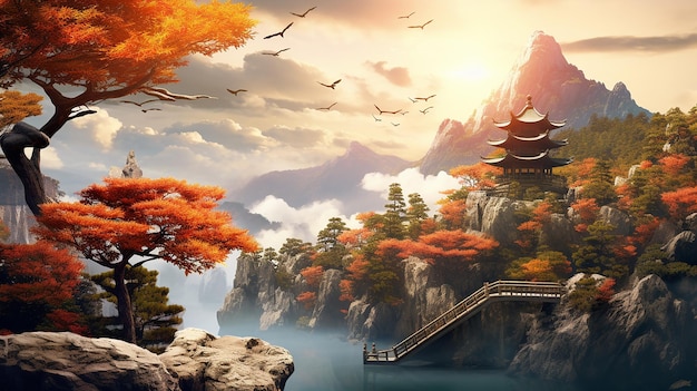 Chinesische Herbstlandschaft mit Bäumen und majestätischen Bergen.