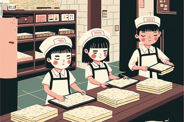 Chinesische Kinder arbeiten in einer flachen Illustration einer Fabrik