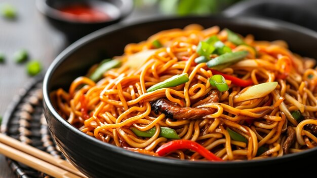 Chinesische Küche Chow Mein extreme Nahaufnahme von oben