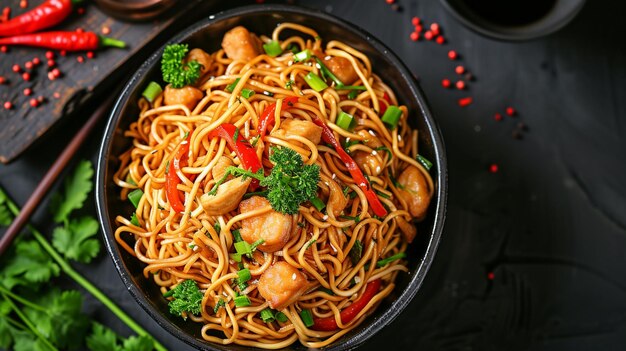 Chinesische Küche Chow Mein extreme Nahaufnahme von oben