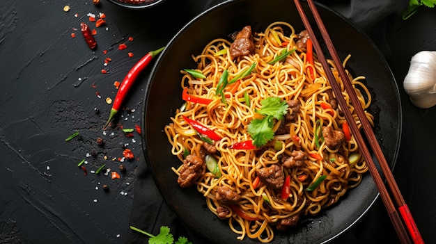 Chinesische Küche Chow Mein extreme Nahaufnahme von oben