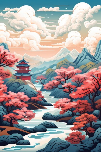 Chinesische Landschaft Berge monumentale Häuser in der Natur Illustration Generative ai