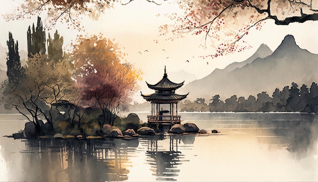 Chinesische Landschaft und Naturkulisse im Aquarellstil AI-Technologie generiertes Bild