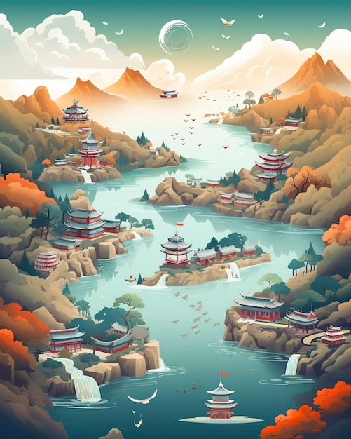 Chinesische Landschaftskarte, entfernte Berge, flache Illustration, generative KI