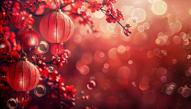 Chinesische Laternen gegen mit roten Blumen farbenfrohen Hintergrund und viele freie Räume Lunar Neujahr