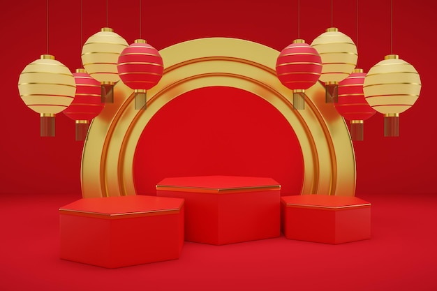 Chinesische Laternen hängen mit Podium auf rotem Hintergrund Happy Chinese New Year 3D-Darstellung