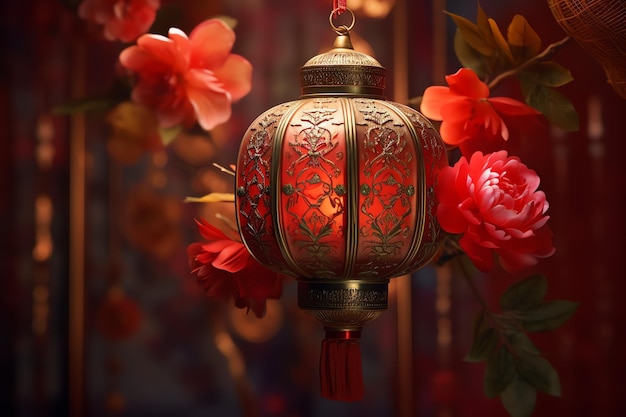 chinesische Neujahrsdekoration mit traditionellen Laternen oder Sakura-Blüten Lunar Neujahrskonzept