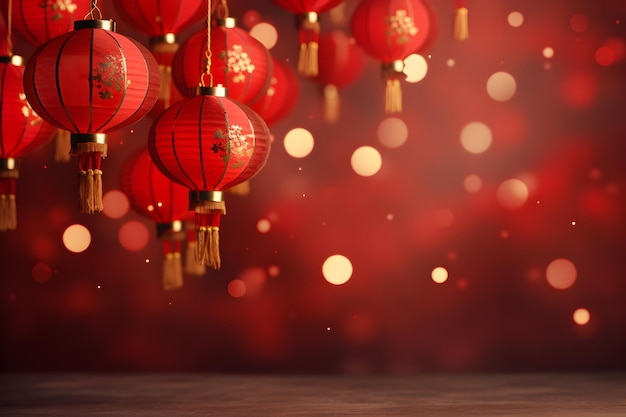 Chinesische Neujahrslaternen, goldene Bokeh-Lichter auf dem verschwommenen roten Hintergrund