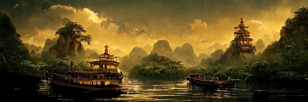 Chinesische Schriftzeichen auf dem Boot haben während ihrer Reisen einen mysteriösen überwucherten Tempel gefunden