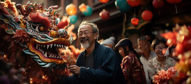 Chinesische Straßenfeiern belebte Straßen voller farbenfroher Dekorationen und lebhafter Paraden, erzeugt mit KI