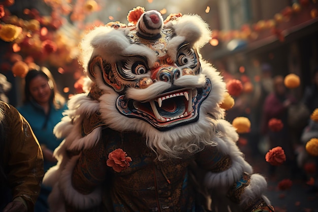 Chinesische Straßenfeiern belebte Straßen voller farbenfroher Dekorationen und lebhafter Paraden, erzeugt mit KI