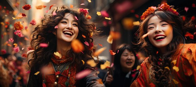 Chinesische Straßenfeiern belebte Straßen voller farbenfroher Dekorationen und lebhafter Paraden, erzeugt mit KI