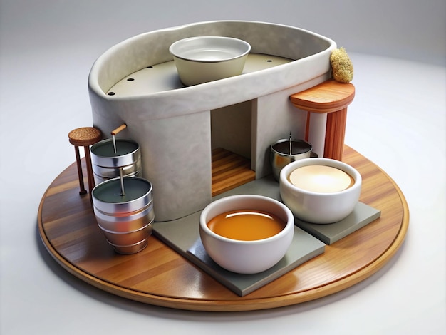 Chinesische Suppe und Tee 3D-Render mit weißem Hintergrund