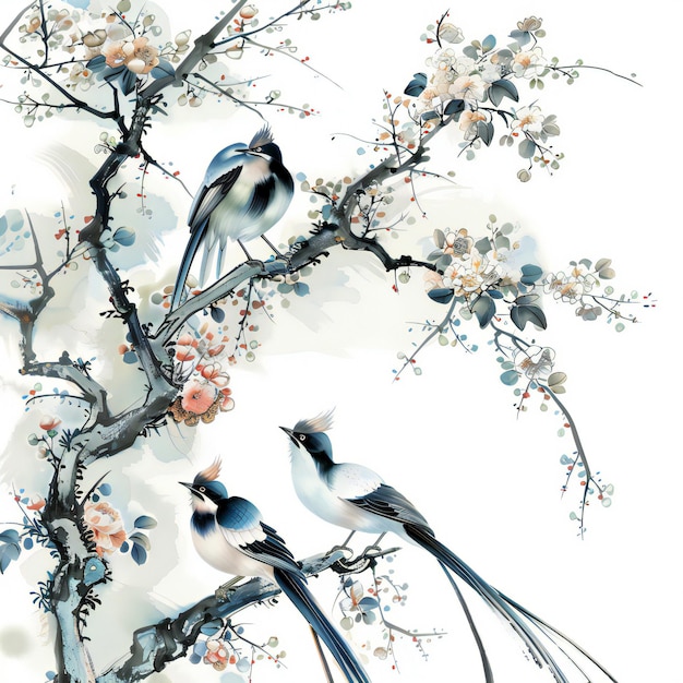 Foto chinesische tapeten mit vögeln und natur silber landschaft aquarell