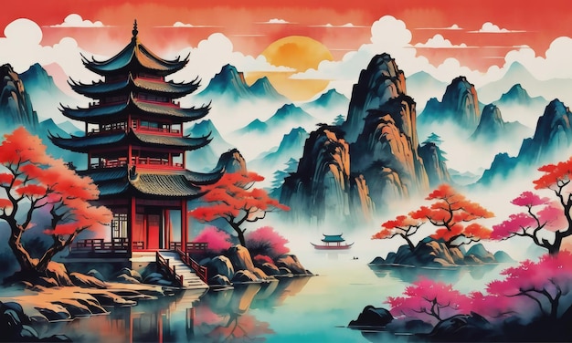 Chinesische Tinte Landschaft in eine lebendige Aquarell Traumlandschaft