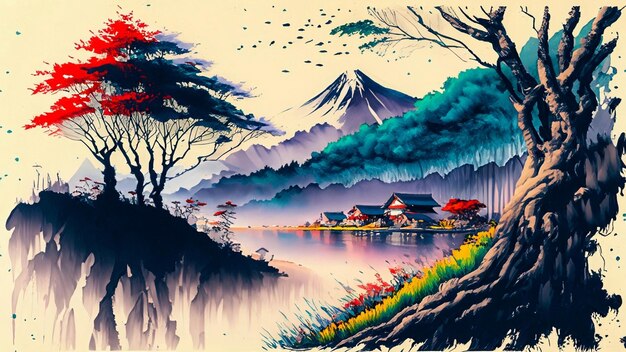 Chinesische Tuschmalerei Majestätische Berge Üppige Wälder