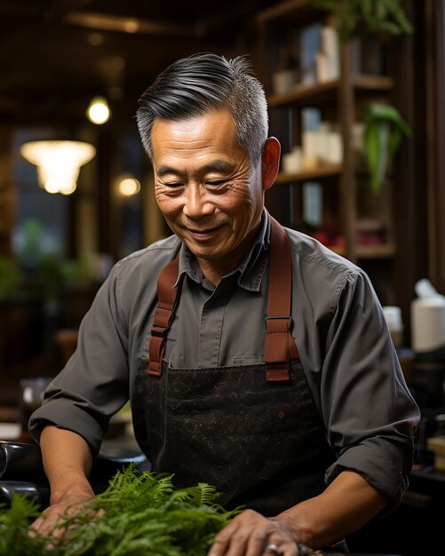 Foto chinesischer älterer mann, der auf dem markt grün und gemüse verkauft