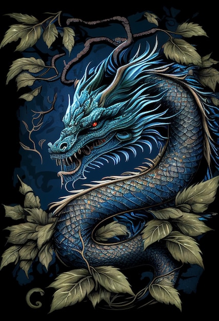 Chinesischer blauer Drache in Form einer mystischen Schlange, die von der KI erzeugt wurde