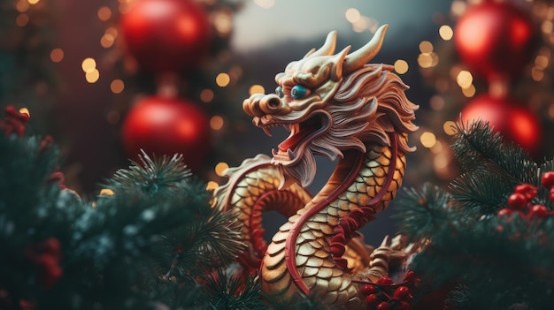 Chinesischer Drache auf weihnachtlichem Hintergrund Feiertagsbanner Chinesisches Neujahr 2024 KI-Hintergrund