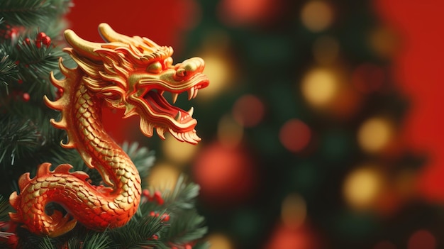 Chinesischer Drache auf weihnachtlichem Hintergrund Feiertagsbanner Chinesisches Neujahr 2024 KI-Hintergrund