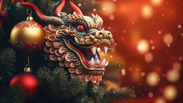 Chinesischer Drache auf weihnachtlichem Hintergrund Feiertagsbanner Chinesisches Neujahr 2024 KI-Hintergrund