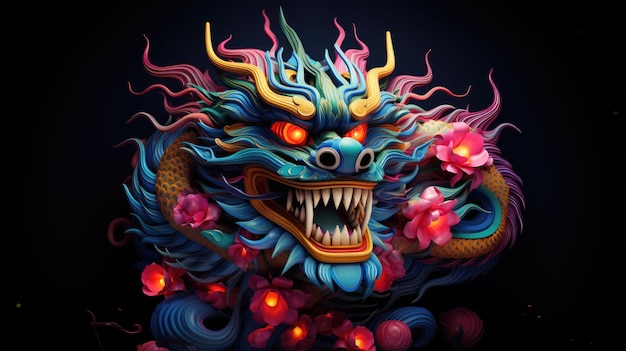 Chinesischer Drache mit Blume auf schwarzem Hintergrund