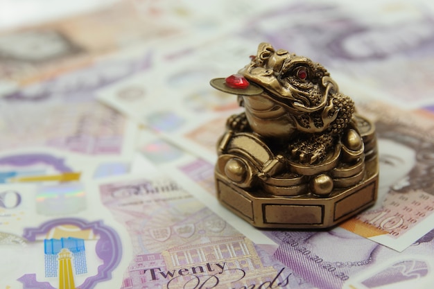 Chinesischer Feng Shui Glücksgeldfrosch, der auf 20 britischen Pfund-Banknoten sitzt. Nahansicht