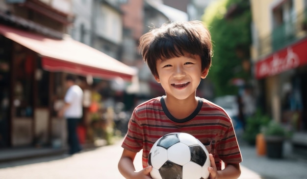 Chinesischer Junge hält sich vor einem asiatischen Straßenhintergrund auf und hält seinen Fußball. Generative KI