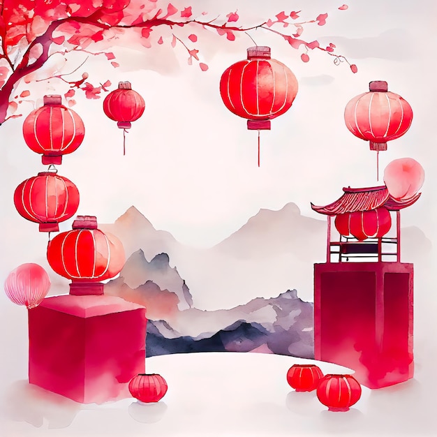 Chinesischer Neujahrshintergrund mit Sakura-Bergen und roten Laternen