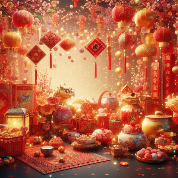 Chinesischer Neujahrshintergrund mit traditionellen Laternen, Kerzen und Blumen