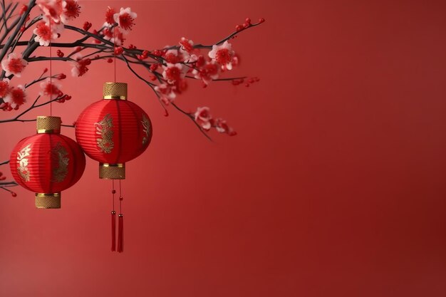 chinesischer Neujahrshintergrund mit traditionellen Laternen, Sakura-Blumen und Kopierraum Lunarneujahr