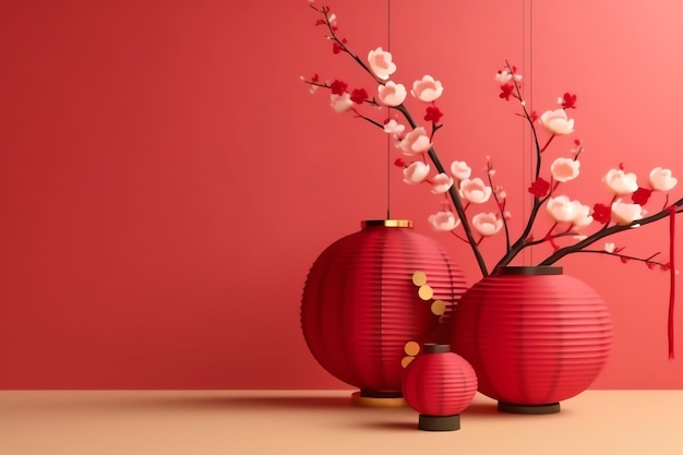 chinesischer Neujahrshintergrund mit traditionellen Laternen, Sakura-Blumen und Kopierraum Lunarneujahr