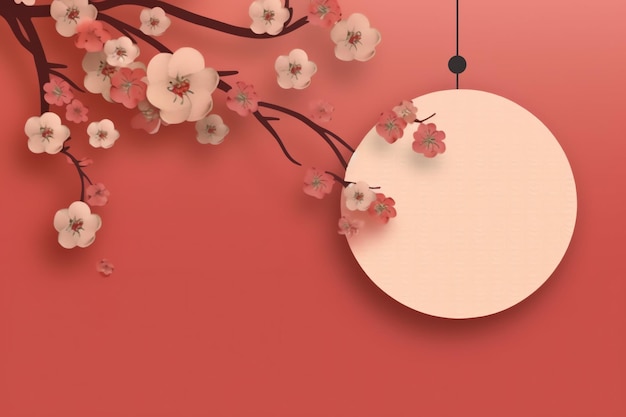 chinesischer Neujahrshintergrund mit traditionellen Laternen, Sakura-Blumen und Kopierraum Lunarneujahr