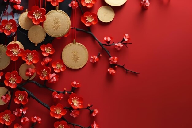 chinesischer Neujahrshintergrund mit traditionellen Laternen, Sakura-Blumen und Kopierraum Lunarneujahr