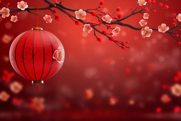 chinesischer Neujahrshintergrund mit traditionellen Laternen, Sakura-Blumen und Kopierraum Lunarneujahr
