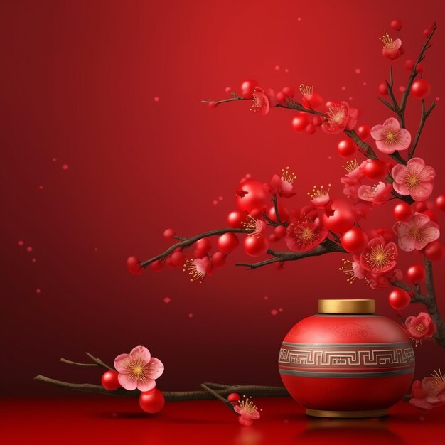 chinesischer Neujahrshintergrund mit traditionellen Laternen, Sakura-Blumen und Kopierraum Lunarneujahr