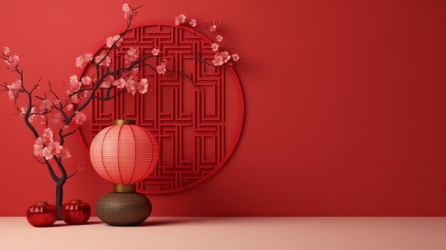 chinesischer Neujahrshintergrund mit traditionellen Laternen, Sakura-Blumen und Kopierraum Lunarneujahr