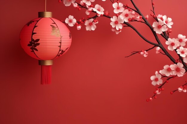 Foto chinesischer neujahrshintergrund mit traditionellen laternen, sakura-blumen und kopierraum lunarneujahr