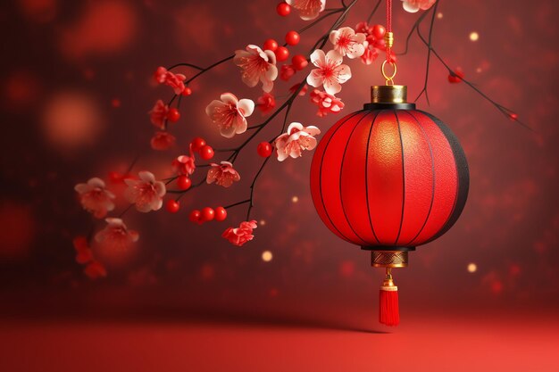 chinesischer Neujahrshintergrund mit traditionellen Laternen, Sakura-Blumen und Kopierraum Lunarneujahr