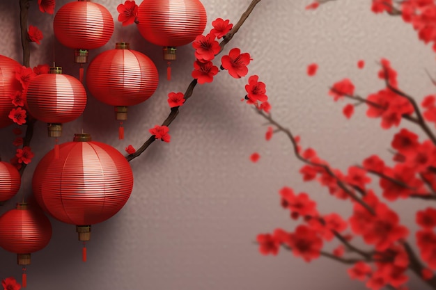 chinesischer Neujahrshintergrund mit traditionellen Laternen, Sakura-Blumen und Kopierraum Lunarneujahr