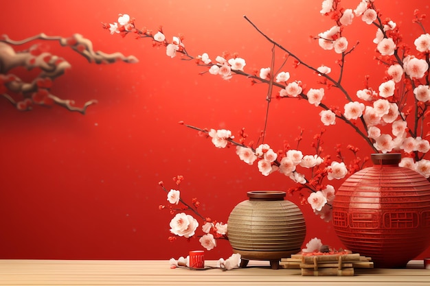 chinesischer Neujahrshintergrund mit traditionellen Laternen, Sakura-Blumen und Kopierraum Lunarneujahr