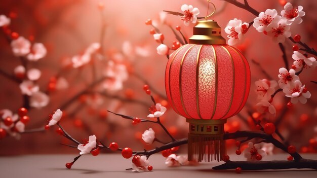 chinesischer Neujahrshintergrund mit traditionellen Laternen, Sakura-Blumen und Kopierraum Lunarneujahr