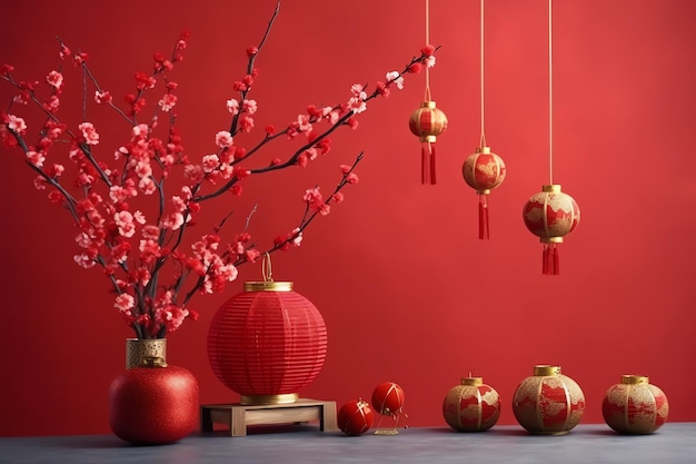 chinesischer Neujahrshintergrund mit traditionellen Laternen, Sakura-Blumen und Kopierraum Lunarneujahr