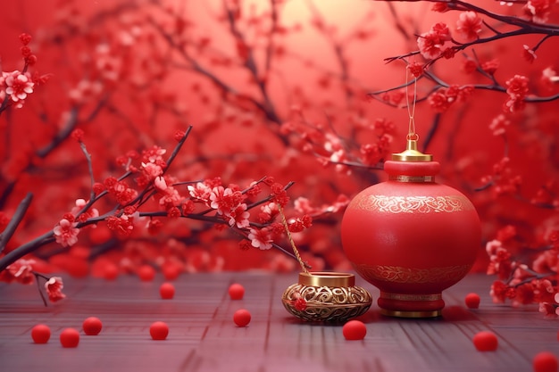 chinesischer Neujahrshintergrund mit traditionellen Laternen, Sakura-Blumen und Kopierraum Lunarneujahr