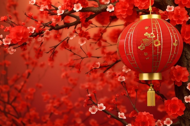 chinesischer Neujahrshintergrund mit traditionellen Laternen, Sakura-Blumen und Kopierraum Lunarneujahr