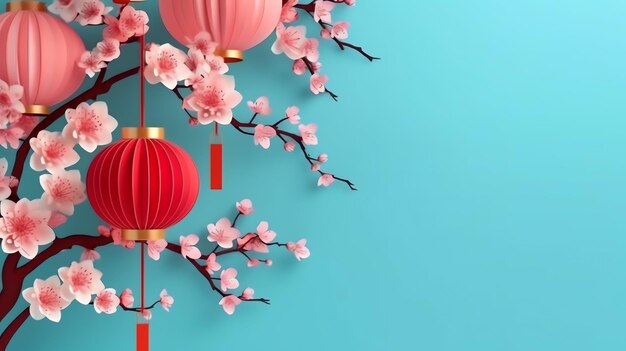 chinesischer Neujahrshintergrund mit traditionellen Laternen, Sakura-Blumen und Kopierraum Lunarneujahr